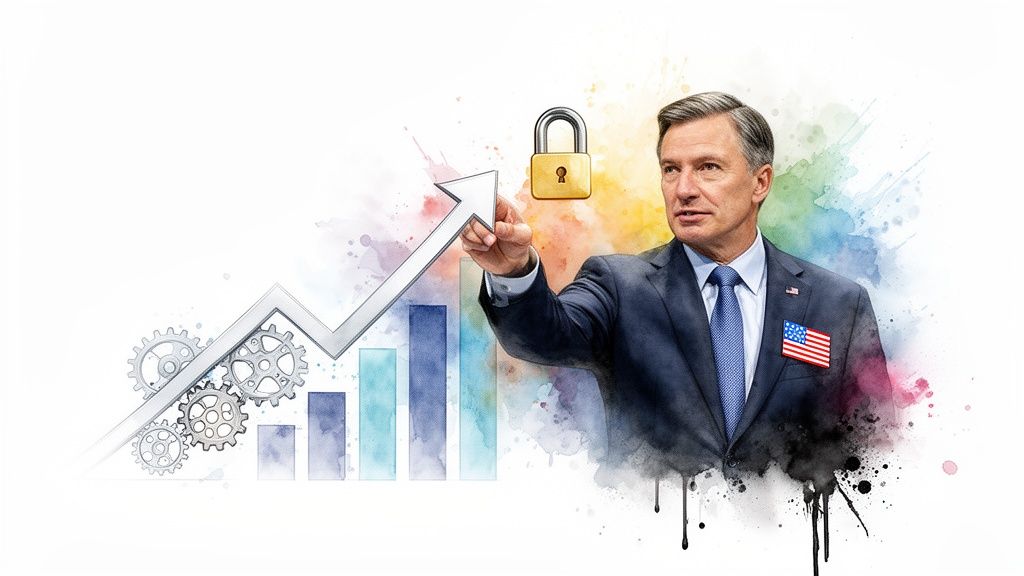 Businessman pointing to a growth graph with gears and a padlock, symbolizing secure business progress.