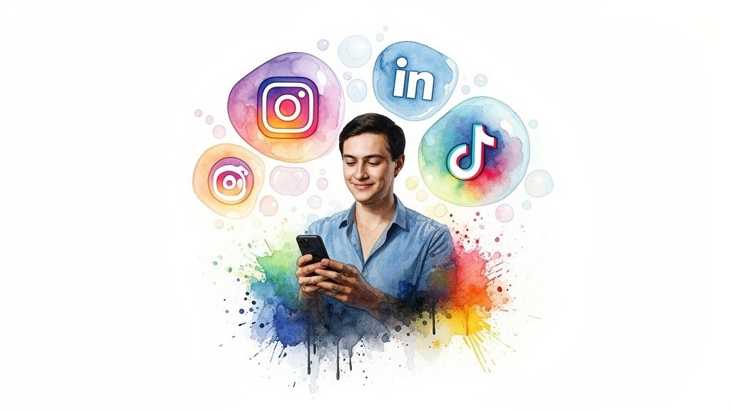 Smiling man on phone, with Instagram, LinkedIn, and TikTok logos in colorful bubbles.