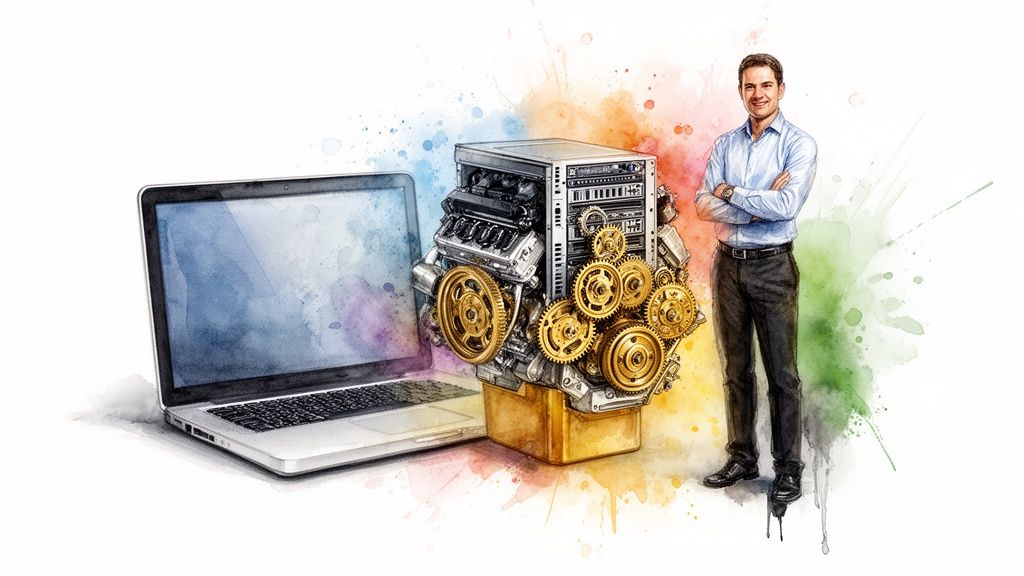 Smiling man with arms crossed stands by a laptop and a unique server-engine hybrid, representing technology.
