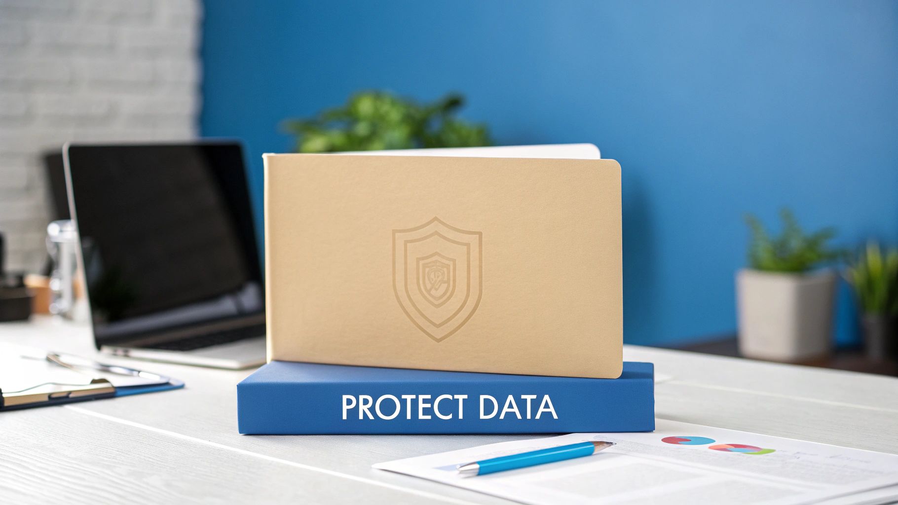 A blue binder labeled 'PROTECT DATA' and a folder with a shield icon on an office desk.