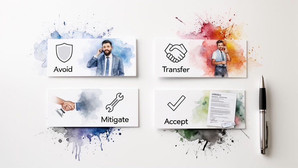 Four cards illustrate risk management strategies: Avoid, Transfer, Mitigate, Accept, with icons and scenarios.