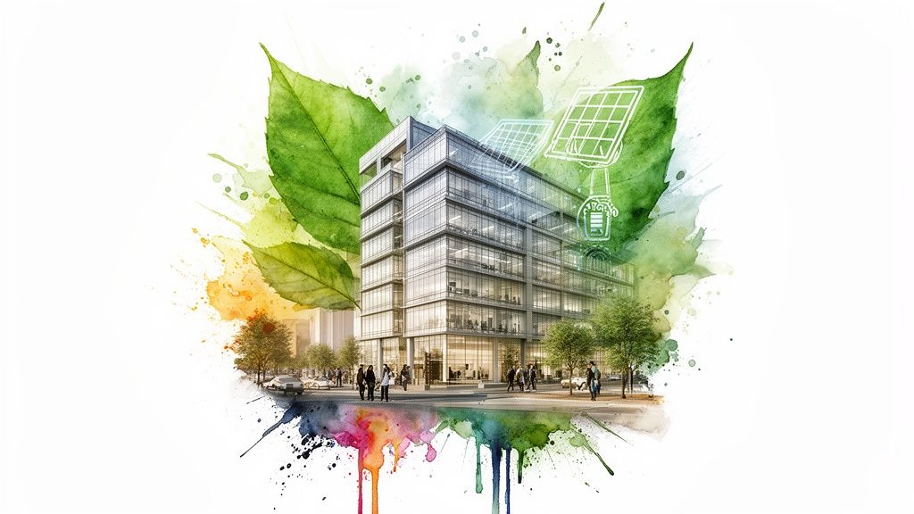 Modern green building with solar panels and watercolor leaves, symbolizing sustainable urban development.