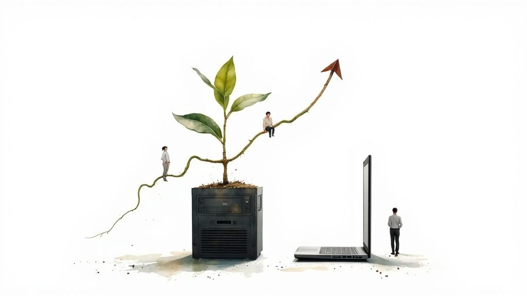 A plant sprouts from a computer tower, forming an upward growth arrow with miniature people, next to a laptop.