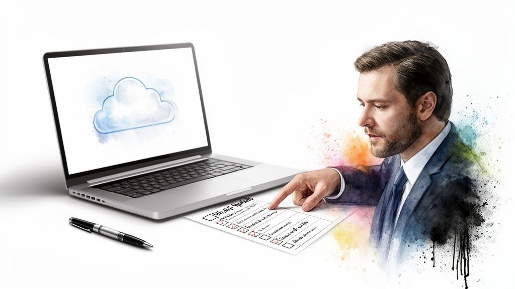 Man reviewing cloud provider checklist on paper beside a laptop with a cloud icon.