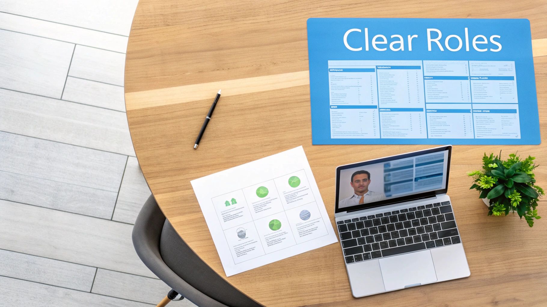 A top-down view of a wooden desk with a laptop displaying a video call, a 'Clear Roles' board, and documents.