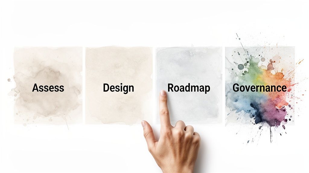 A hand points at 'Roadmap' among 'Assess, Design, Roadmap, Governance' strategic stages.
