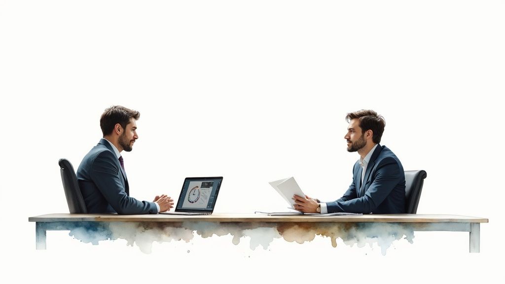 Two business professionals in suits meeting at desk discussing tax preparation and outsourcing services