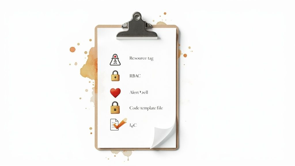 A white paper on a clipboard lists cloud governance tasks like resource tagging, RBAC, and IaC, surrounded by watercolor splatters.