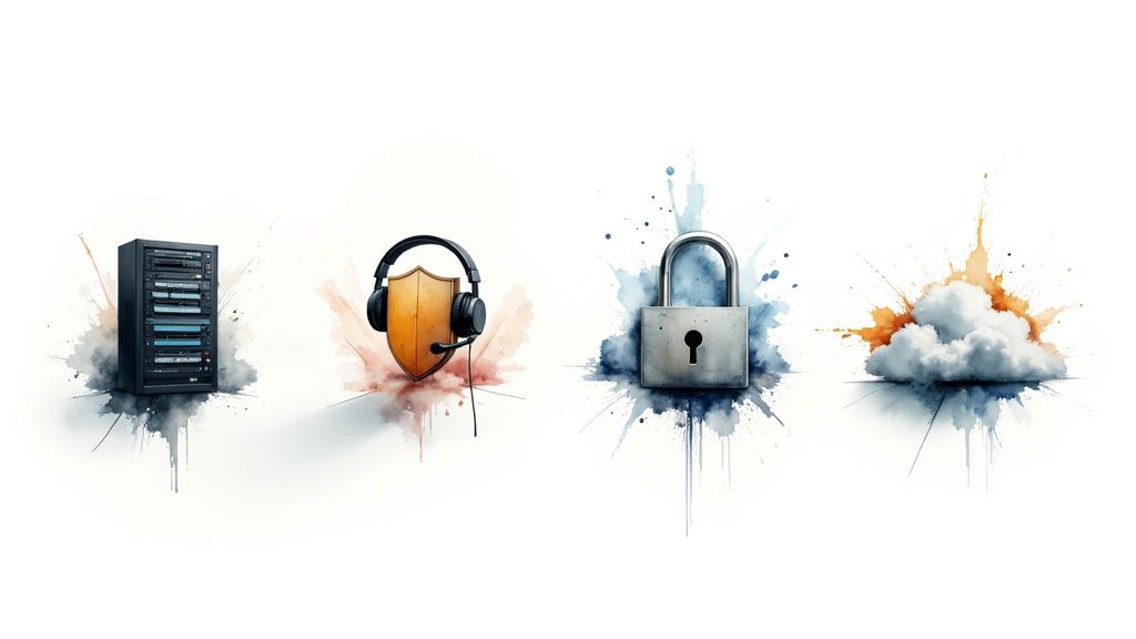 Four watercolor-style icons depicting IT concepts: a server, a security shield with headphones, a padlock, and a cloud.