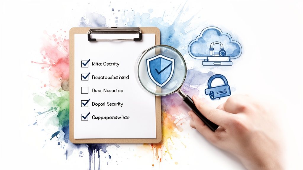 A hand with a magnifying glass over a security shield, a checklist, cloud computing, and a lock, representing data protection.
