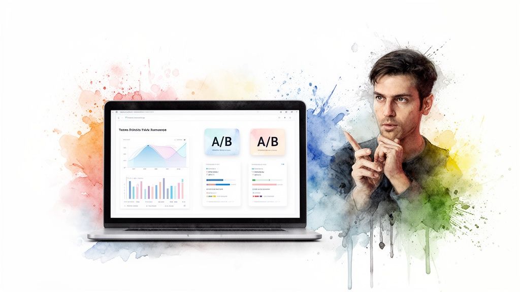 Thoughtful man analyzing A/B testing data on a laptop, illustrated with vibrant watercolors.
