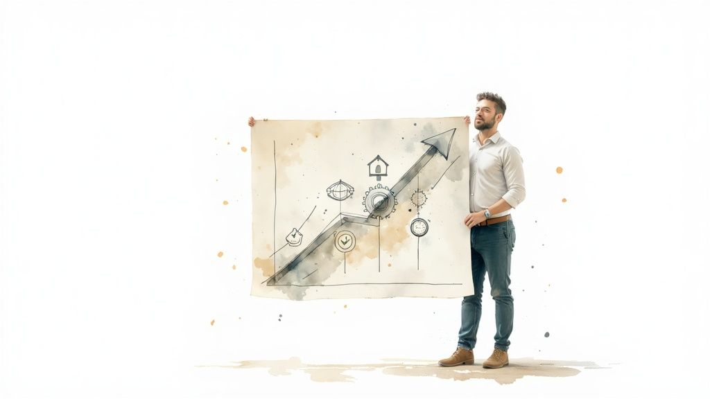 Man holding a hand-drawn growth chart with business icons, against a white background.