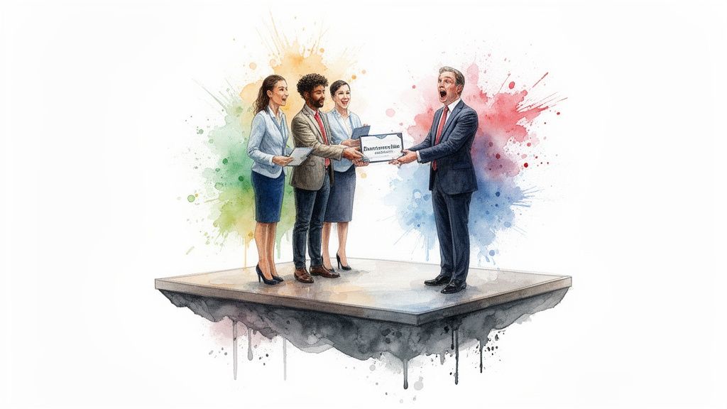 Watercolor illustration of four business people exchanging a certificate on a floating platform with colorful splashes.