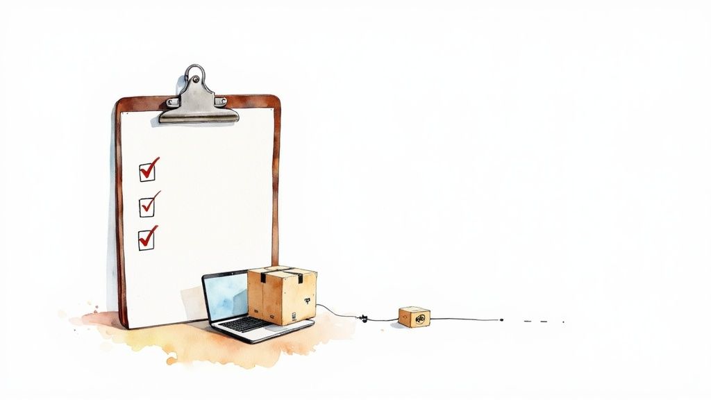 A watercolor illustration of a clipboard with a checklist, a laptop, and shipping boxes.