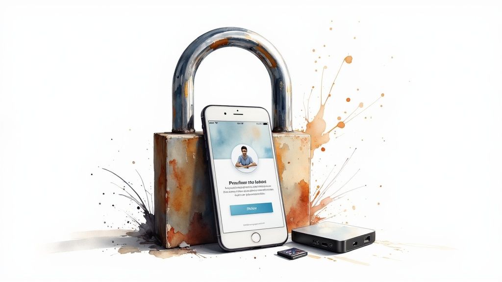 Rusted padlock, smartphone with user profile, mini PC, and chip, all in a watercolor style.