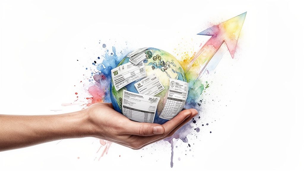 A hand holding a watercolor globe with financial documents and a colorful upward arrow, symbolizing global growth.