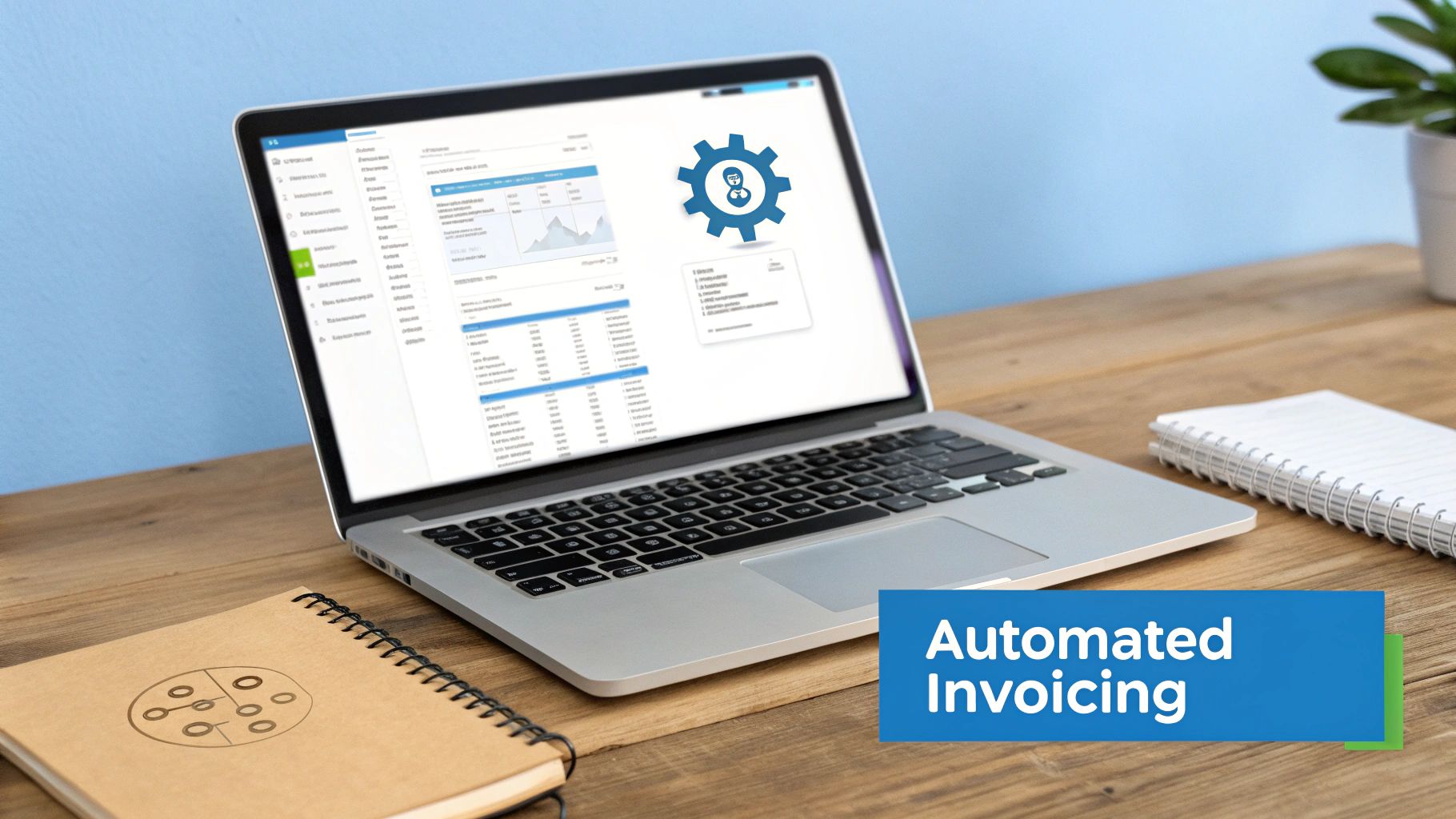 A laptop on a wooden desk displaying business software with charts, lists, and an 'Automated Invoicing' text overlay.