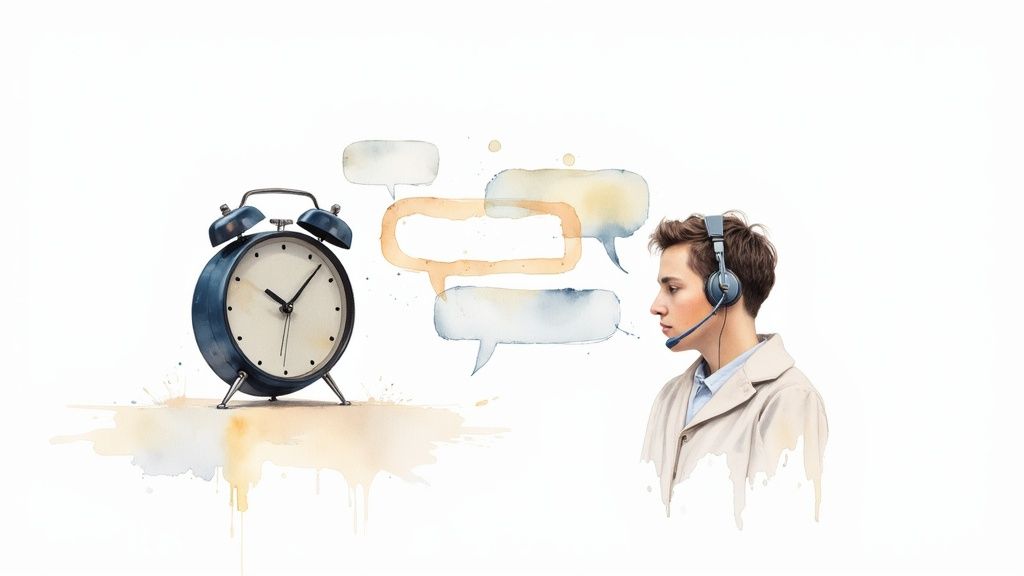 A watercolor illustration showing an alarm clock, speech bubbles, and a person with a headset, symbolizing communication and time.