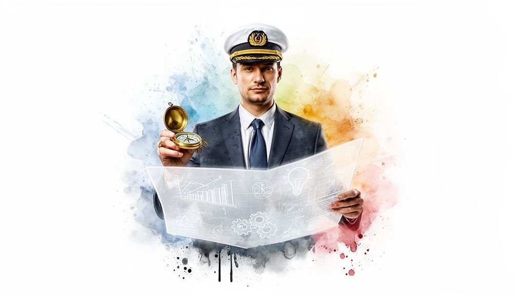 A confident captain in a suit holds a compass and a transparent business plan map, representing strategic direction.
