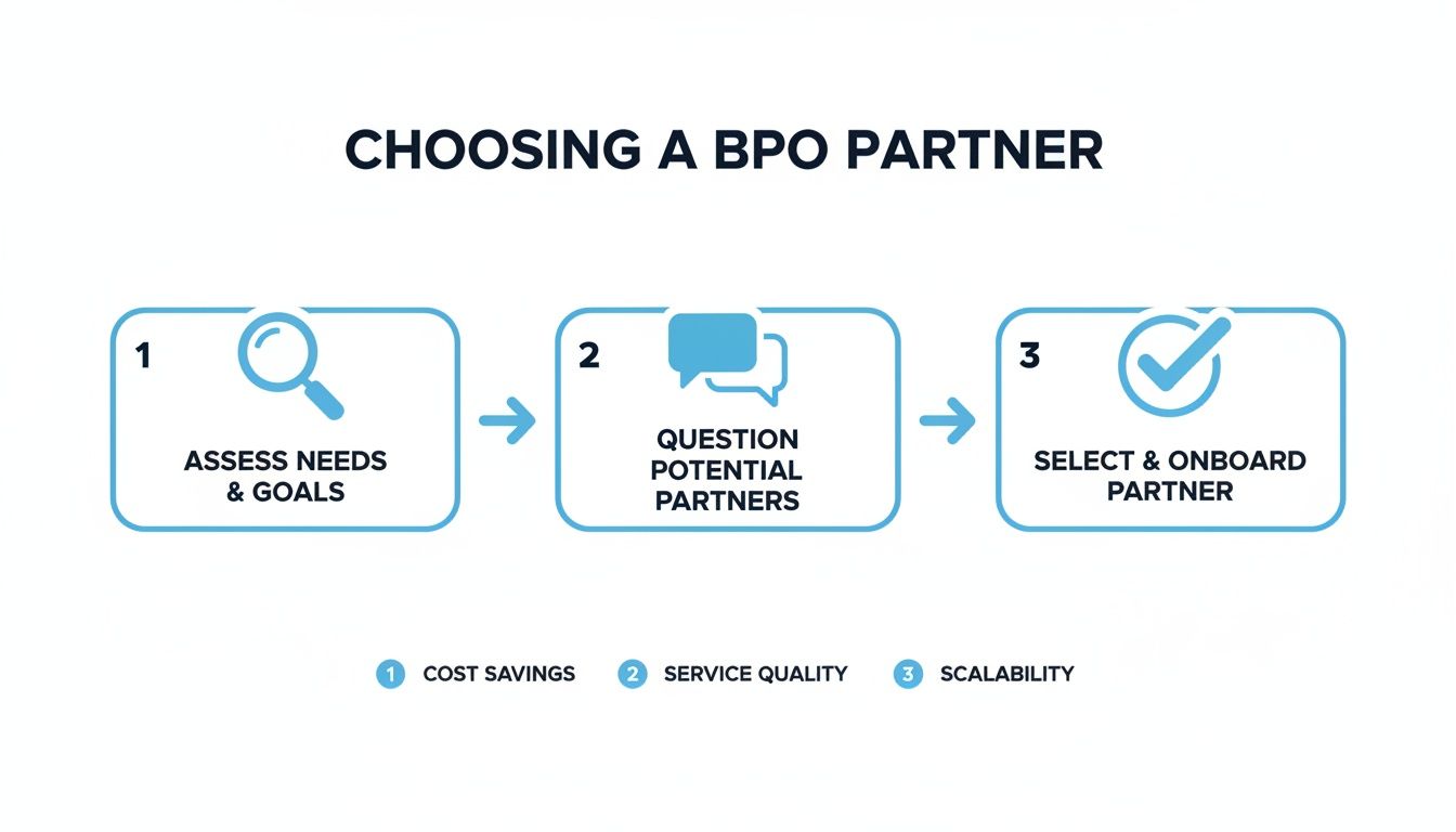 A three-step infographic outlining the process of choosing a BPO partner, emphasizing cost, quality, and scalability.