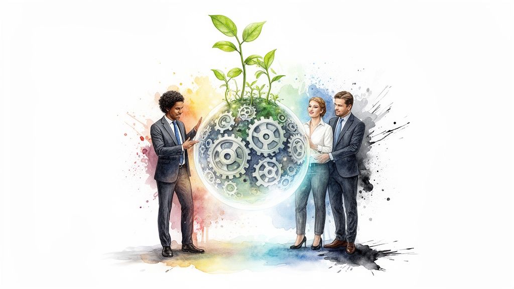 Three diverse business people discuss a globe with gears and growing plants, symbolizing sustainable innovation.