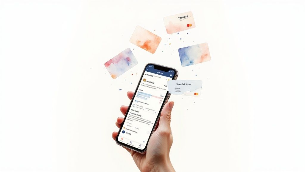 A hand holds a smartphone displaying a financial app, with multiple colorful credit cards floating around it, indicating digital banking.