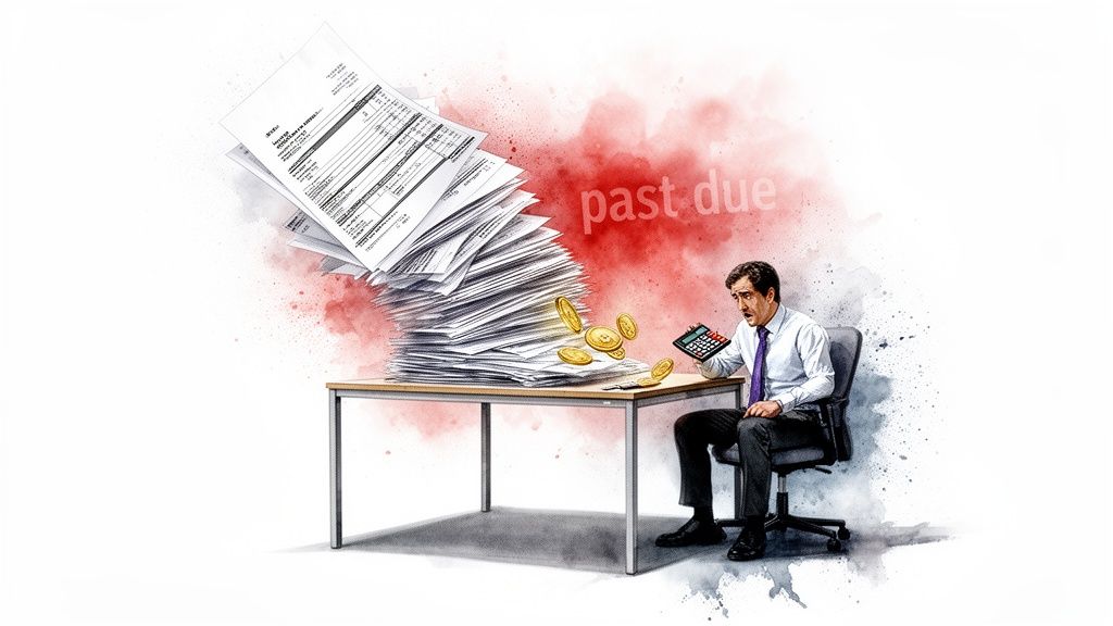 Man overwhelmed by a huge stack of past due bills and financial pressure, holding a calculator.