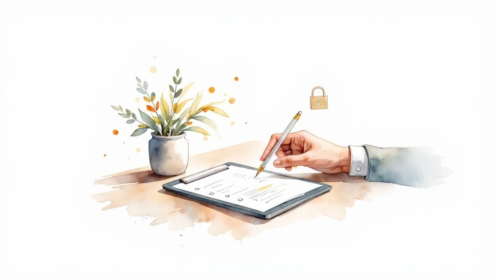 A hand writes on a checklist on a clipboard next to a potted plant, with a padlock icon.
