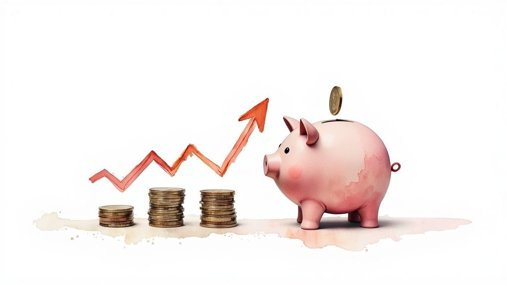 Pink piggy bank with coin and rising growth arrow chart showing financial savings increase