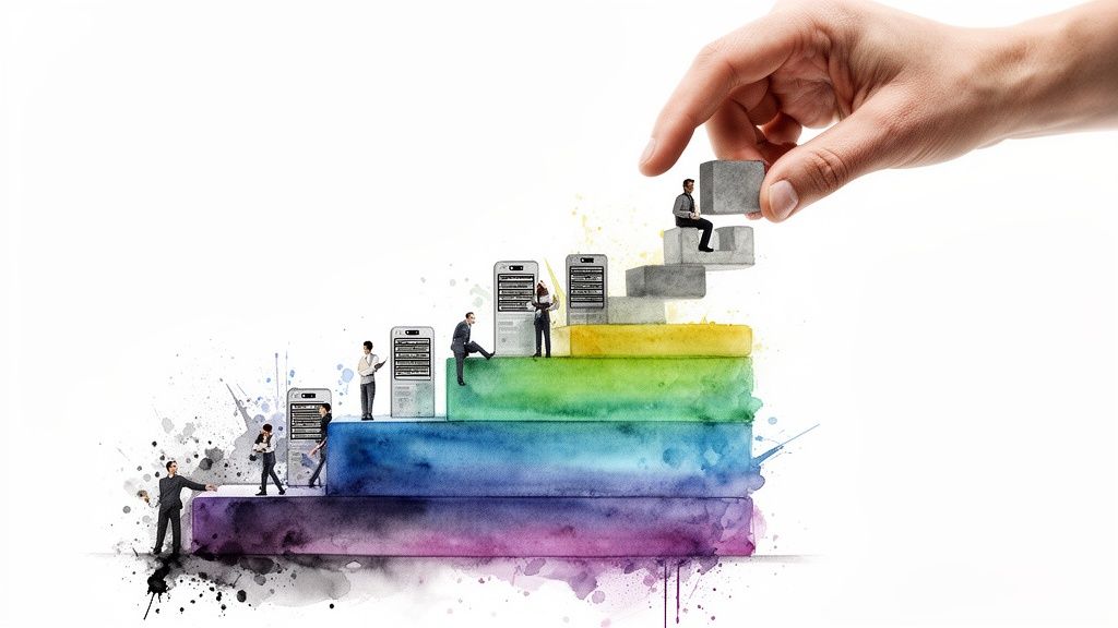 A large hand adds blocks to a growing watercolor staircase with tiny business people and servers.