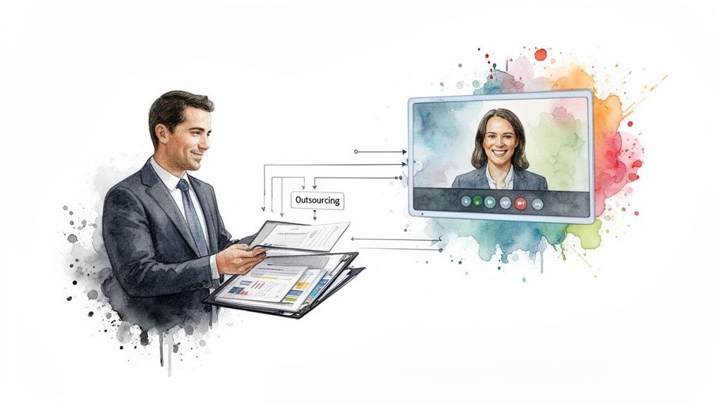 Watercolor illustration of a businessman reviewing documents, interacting with a woman on a video call about outsourcing.