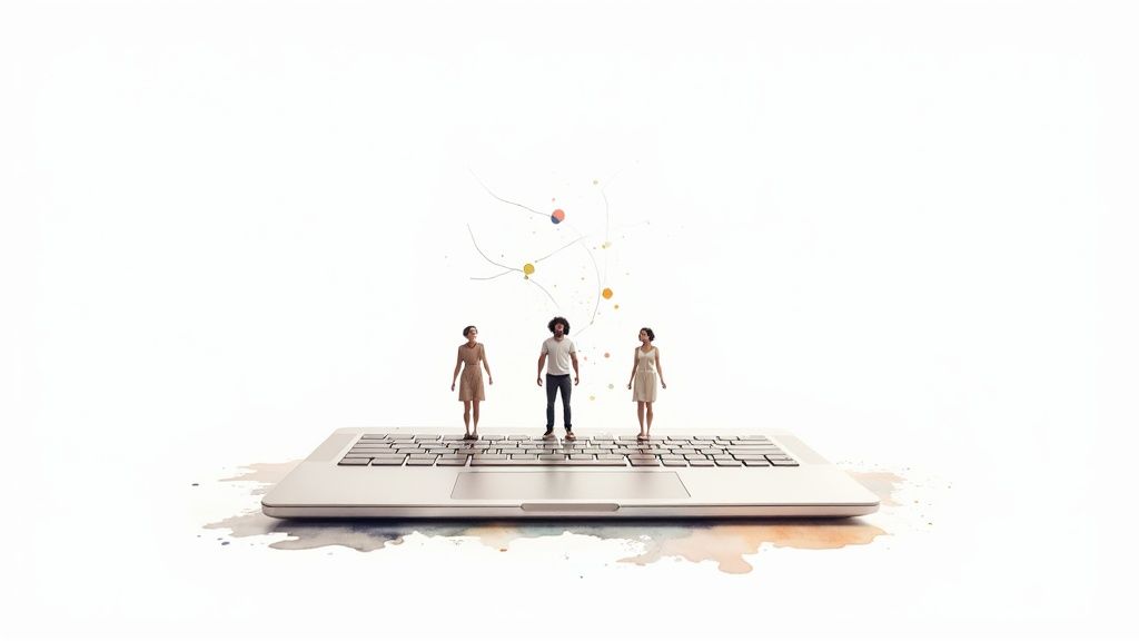 Three miniature people, two women and one man, stand on a laptop keyboard with abstract connections above.