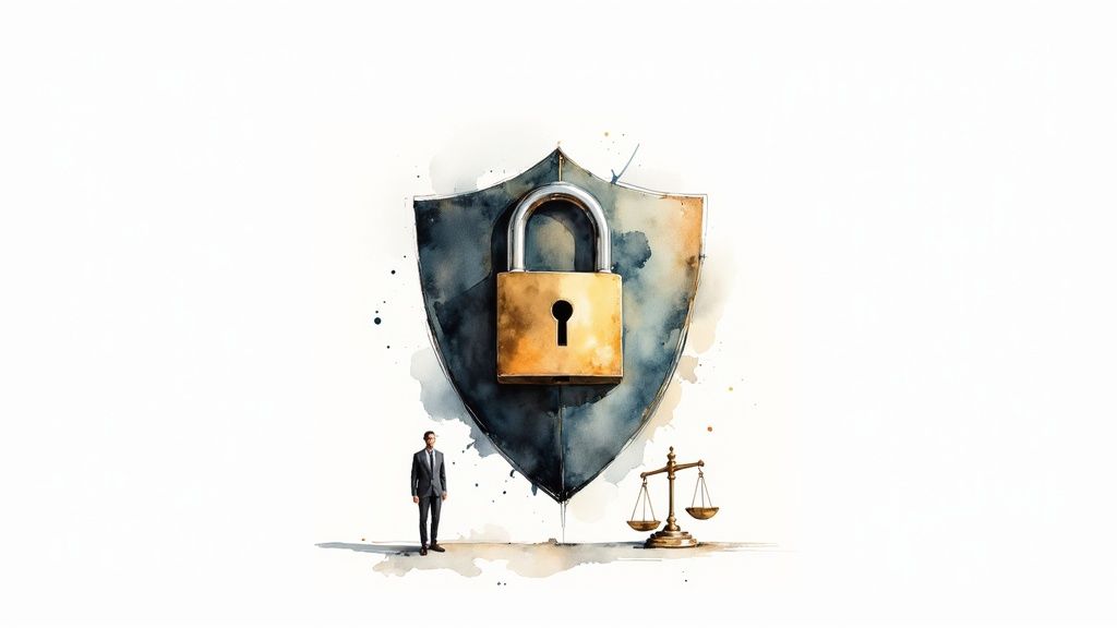 Watercolor illustration of a large shield with a padlock, a businessman, and justice scales, symbolizing security and law.