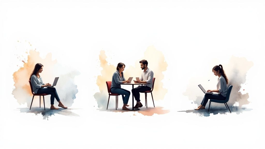 Three individuals engaged in digital work and collaboration, with abstract watercolor background.