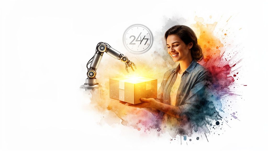 A smiling woman receives a glowing package from a robotic arm, with a 24/7 clock, illustrating automated delivery.