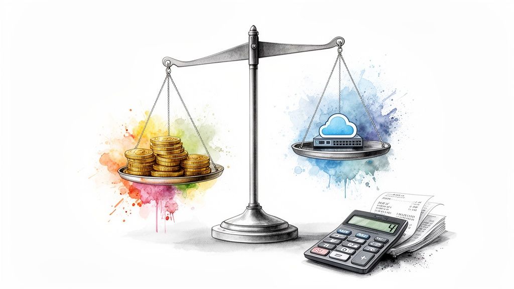 Balance scale showing money versus cloud computing with a calculator and receipts.