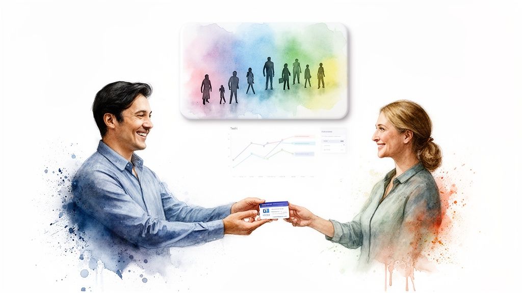 Two smiling individuals exchanging a business card, with diverse people silhouettes and a graph in the background.