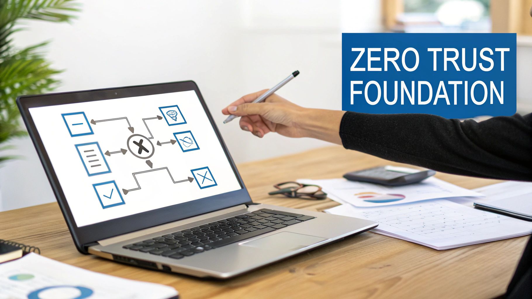 Hand pointing at a laptop screen displaying a zero-trust security diagram, with 'ZERO TRUST FOUNDATION' text.
