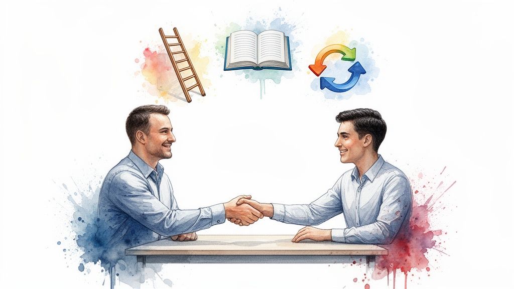 Two men shaking hands across a table, with icons representing a ladder, an open book, and looping arrows for growth.