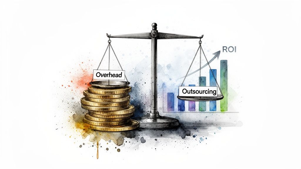 A scale balances high overhead costs (coins) against outsourcing (ROI bar chart), showing its benefits.