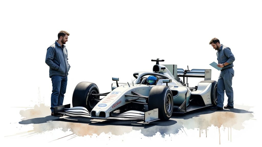 Two men, possibly engineers, examine a white formula race car with a driver inside.