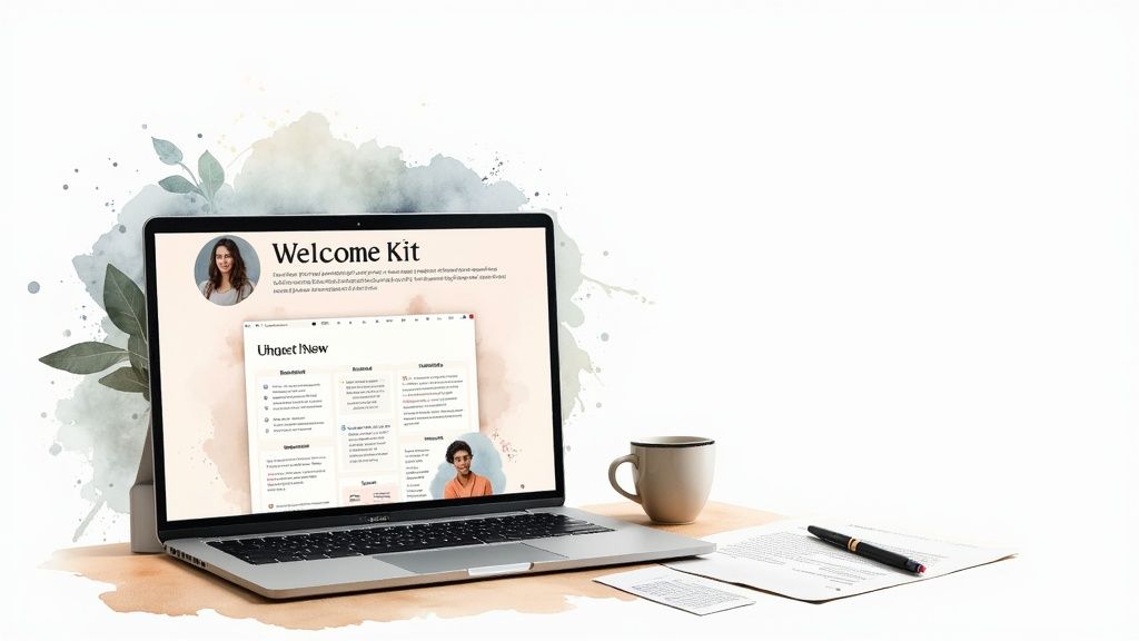 A person at a desk creating a plan to find and onboard a virtual assistant, with checklists and sticky notes.