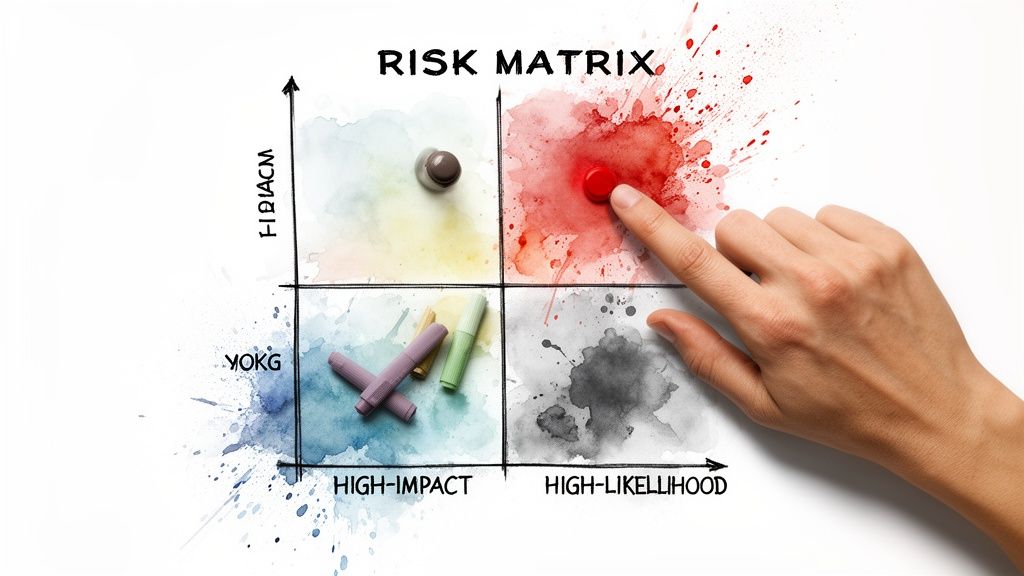 A hand points to a red magnet on a watercolor risk matrix with high impact and high likelihood axes.