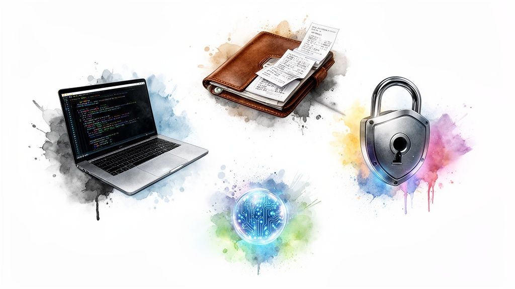 A laptop with code, wallet with receipts, digital circuit, and padlock representing data security and finance.