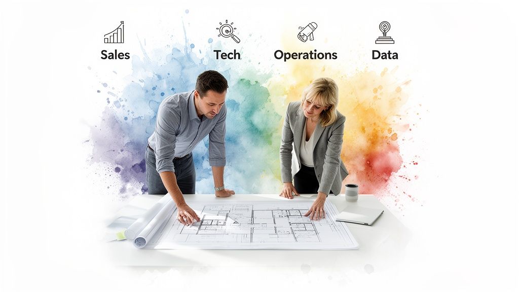Two diverse professionals reviewing building blueprints, with sales, tech, operations, and data icons representing business growth.