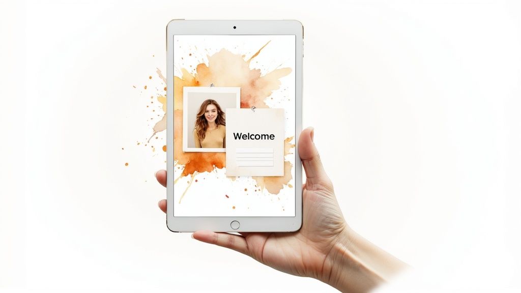 A hand holds a tablet displaying a smiling woman's photo and a 'Welcome' note.