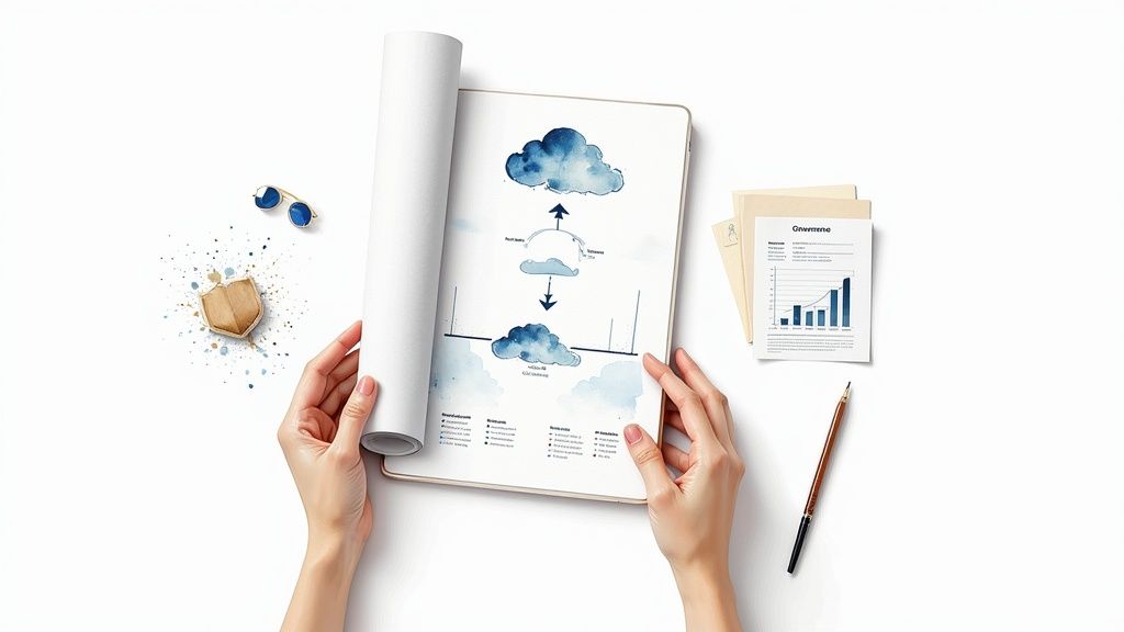 Hands hold a tablet displaying a cloud strategy diagram, with sunglasses and documents on a white background.