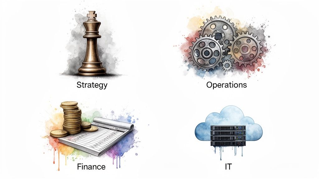 Watercolor illustrations representing strategy, operations, finance, and IT concepts for business consulting.