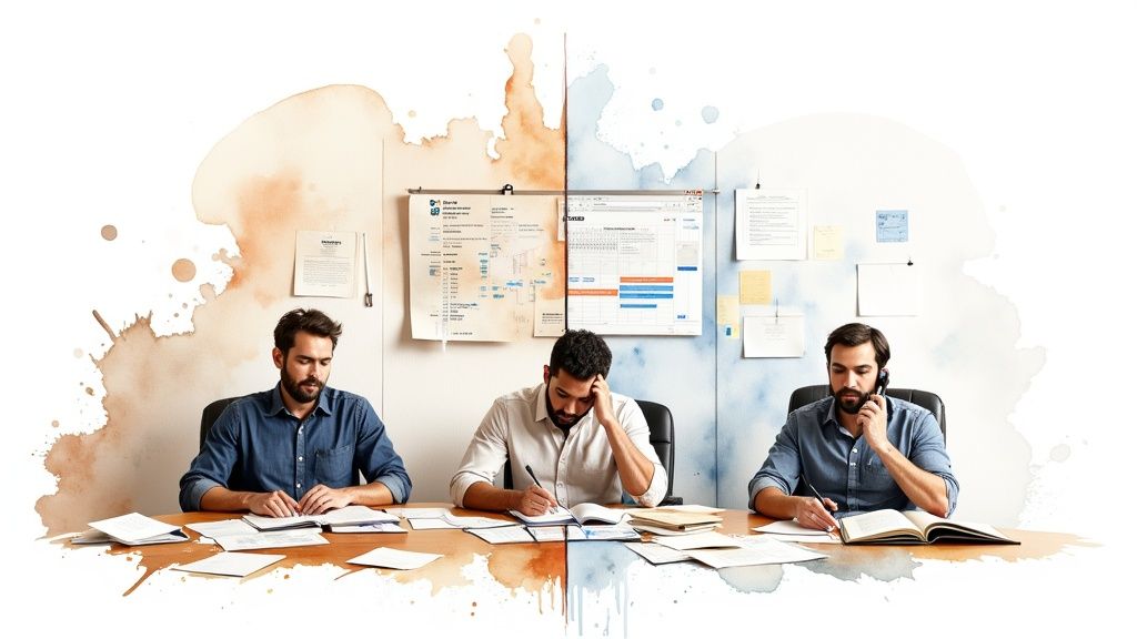 Three business professionals working collaboratively at desk with documents and charts on wall