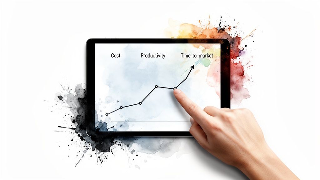 A hand interacting with a tablet displaying a business graph trending upwards for cost, productivity, and time-to-market.